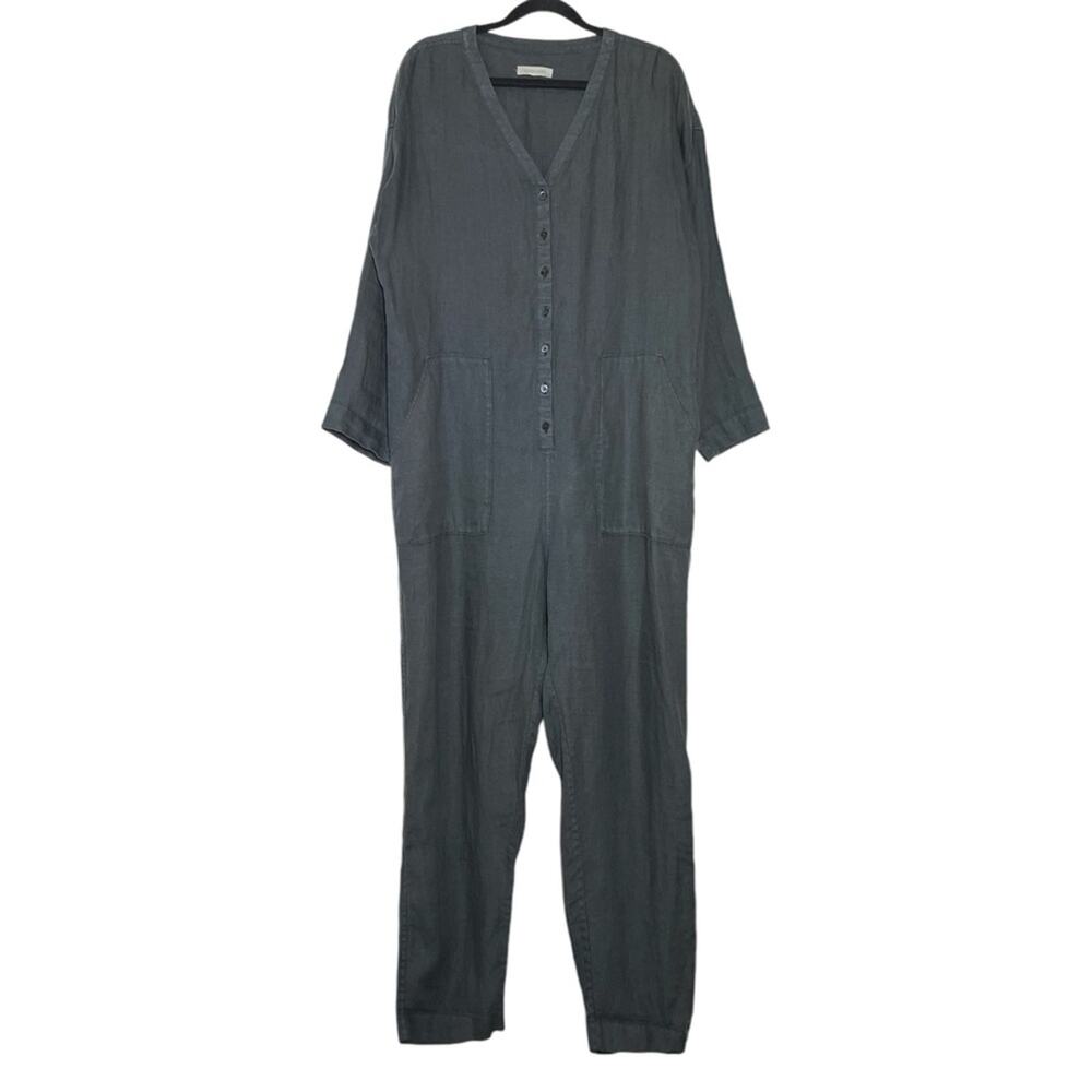 Outerknown Gray Linen Casual V Neck Button Front Linen Jumpsuit Medium